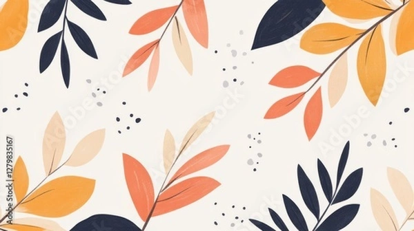 Fototapeta Orange Coral Peach and Dark Blue Leaves Pattern on White Background