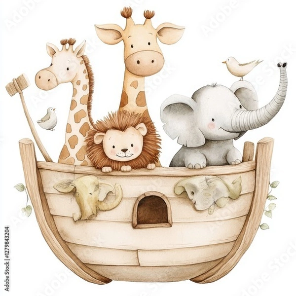 Fototapeta Cute  Noah's Ark Watercolor Illustration In Soft Pastel Tones

