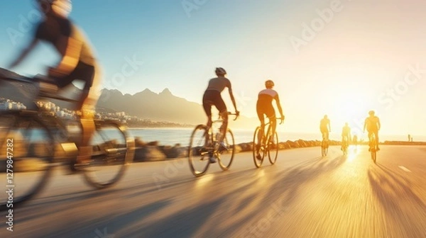 Fototapeta A dynamic scene of cyclists riding along a coastal road at sunset, with vivid colors and blurred motion effects