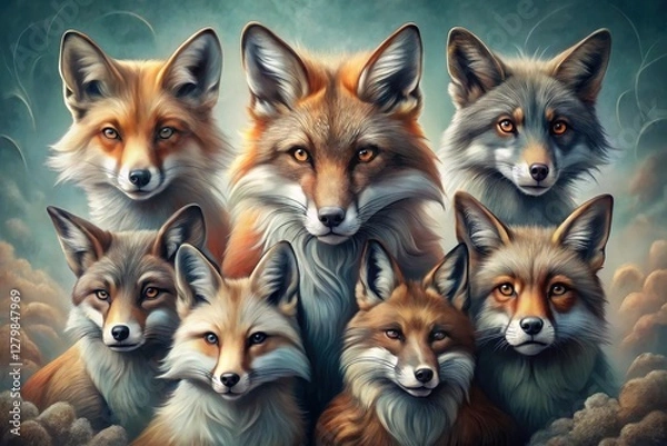 Fototapeta A Majestic Gathering of Foxes A Close-Up Portrait of a Family of Wild Canids
