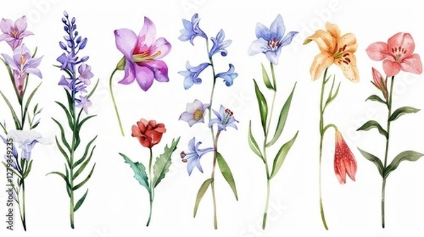 Fototapeta A set of watercolor painted flowers each representing a different biblical place