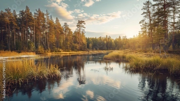 Fototapeta A tranquil river reflects the surrounding pine forest, bathed in warm light, creating a peaceful, serene natural scene..