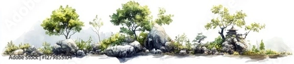 Fototapeta Tranquil Landscape with Trees, Rocks, and Serene Environment