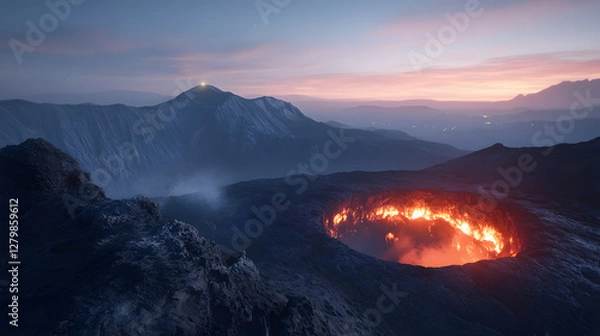 Fototapeta Epic sunset view of a volcanic crater glowing with fiery lava, overlooking a mountain range under a twilight sky. Breathtaking landscape photography.