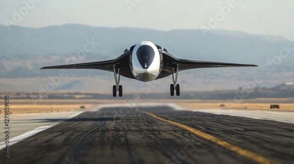 Fototapeta Experimental aircraft taking off, runway, hills in background. Possible stock photo use