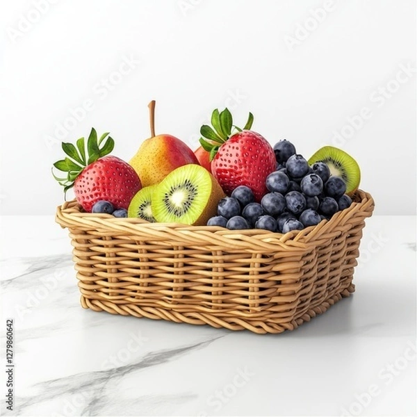 Fototapeta Fresh and Vibrant Fruit Basket with Strawberries, Blueberries, Kiwis, Pears, and Grapes on a Light Marble Surface