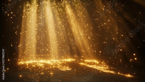Obraz Radiant beams of golden light shining through darkness, creating a magical atmosphere with sparkling effects and illuminating particles in a mysterious space