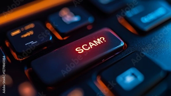 Fototapeta Unmasking Deception: Warning Light on Keyboard Key for Online Scam Awareness