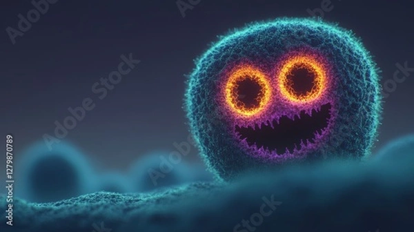 Fototapeta A vibrant, playful representation of microscopic organisms featuring glowing, expressive faces in a colorful environment