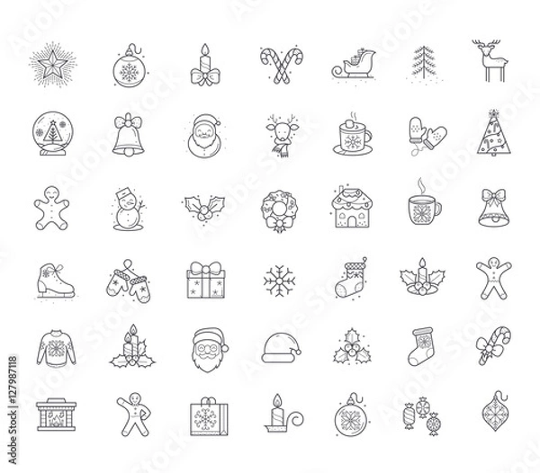 Fototapeta Line Holiday Christmas Icons Set. Vector Set of 42 New Year Holiday Modern Line Icons for Web and Mobile. Winter Season Icons Collection