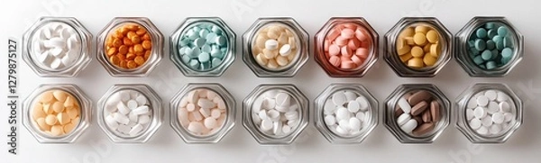 Fototapeta A top view of hexagonal glass jars filled with various types and colors of pills