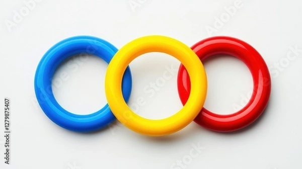 Fototapeta Three colorful interlocking rings in blue, yellow, and red on a white background, symbolizing unity