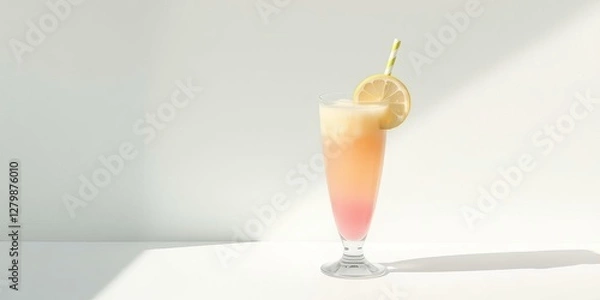 Fototapeta Pastel yellow lemonade in glass with straw on pink background, summer concept banner, pastel, beverage, shadow