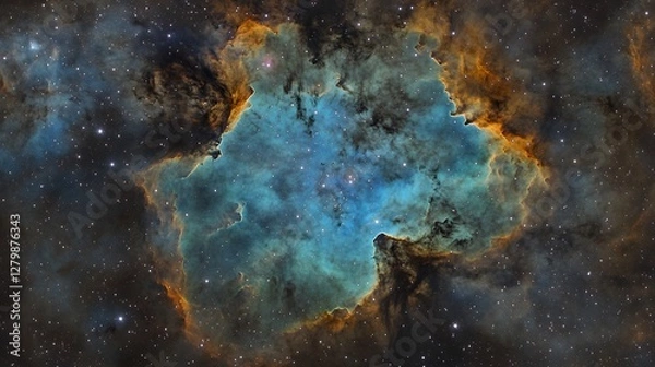 Fototapeta A stunning image of the Crescent Nebula, showcasing its vibrant teal and orange hues against a backdrop of countless stars.  The nebula's intricate details and textures are beautifully captured.