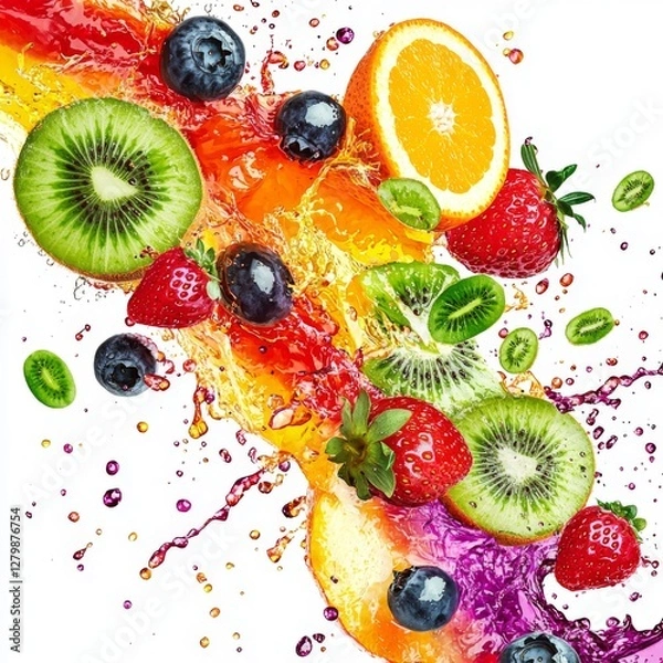Fototapeta Vibrant Splash of Fresh Fruits with Water Droplets in Colorful and Dynamic Composition Ideal for Healthy Lifestyle Themes