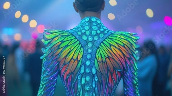 Obraz A vibrant individual adorned with a colorful, sequined outfit featuring detailed rainbow wings, capturing a festive atmosphere