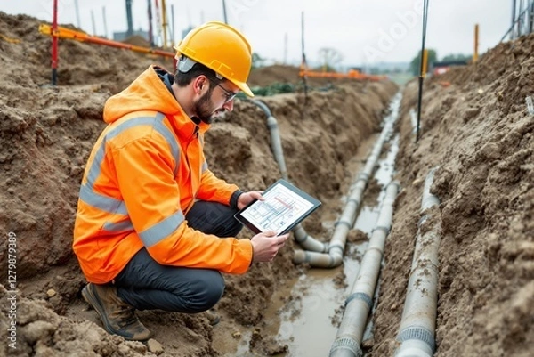 Fototapeta Engineer in safety gear analyzing digital plans on a tablet at a muddy construction site with underground pipes in the background. Concept of infrastructure. Ai generative