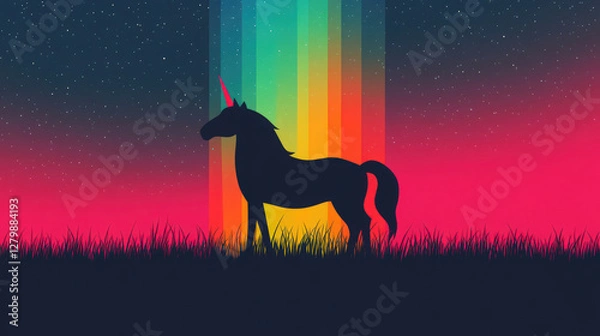 Obraz Silhouette of a unicorn against a vibrant gradient background with stars in the night sky