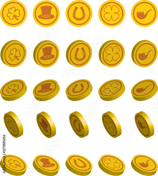 Obraz Saint Patrick's Day  golden coins element with irish symbol Rotating 3d. on isolated transparent background.