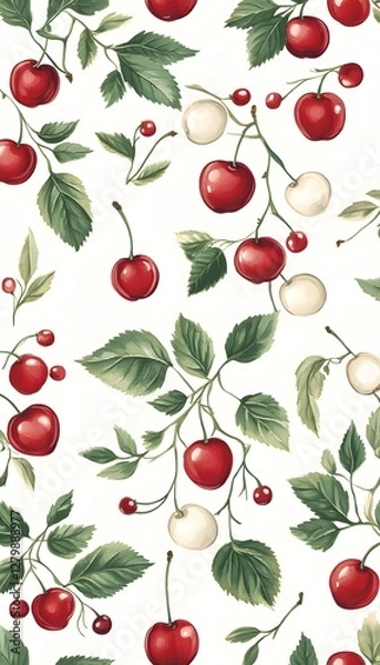 Fototapeta Watercolor Painting Of Red Cherries And Green Leaves Repeating Pattern