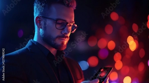 Fototapeta Stylish Man Using Smartphone at Night with Neon Lights