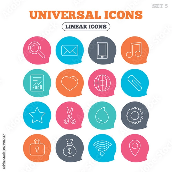 Fototapeta Universal icons. Smartphone, mail and musical note. Heart, globe and share symbols. Paperclip, scissors and water drop. Flat speech bubbles with linear icons. Vector