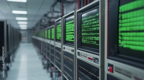 Fototapeta Vintage server room with CRT monitors displaying green text and data