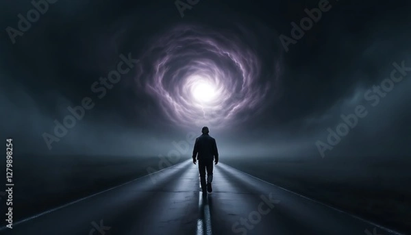 Fototapeta Man Walking Towards Portal in Dark Mysterious Landscape