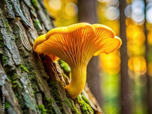 Fototapeta Intricate details of a chanterelle mushroom revealed in a close-up portrait against a rubber tree's dark backdrop.