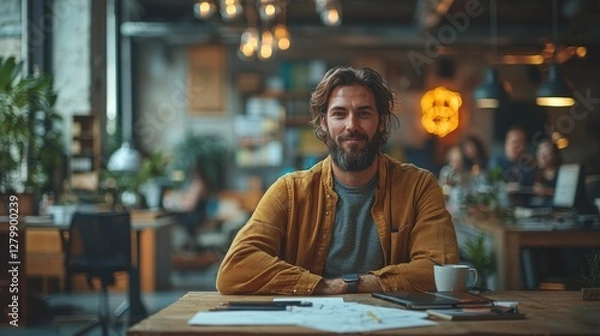 Obraz Man working in cafe, smiling, blurred background