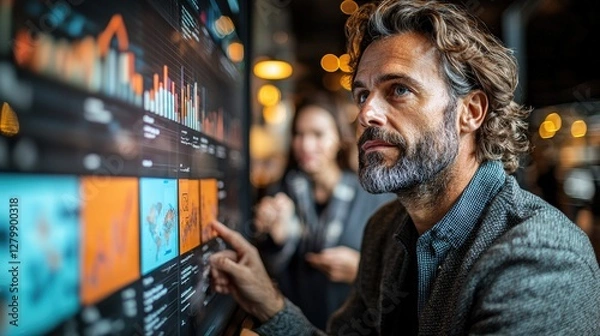 Obraz Man analyzing data on large screen, colleagues blurred background, business meeting, stock photo