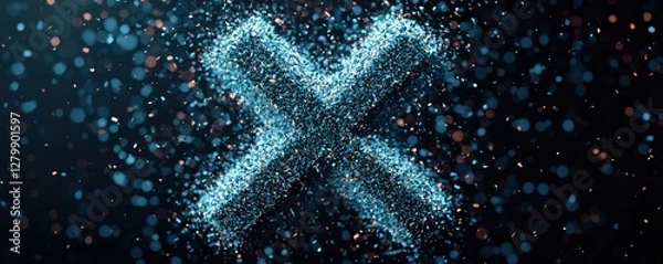 Fototapeta A surreal and captivating digital image featuring a floating X mark icon created with shattered particles and glowing luminous digital effects  The striking visual composition and dynamic