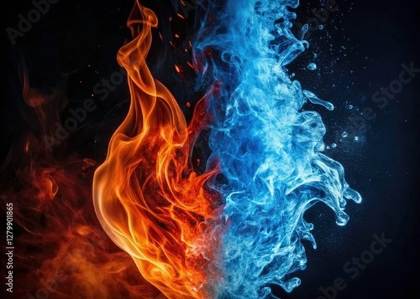 Fototapeta Minimalist design: a symbolic, abstract image of blue, red fire and water.