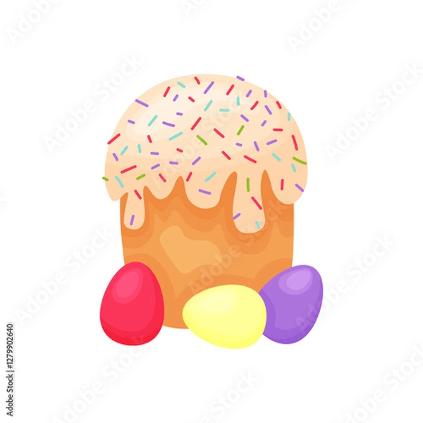 Fototapeta  Easter cake with eggs clipart. Traditional Easter cake with icing and sprinkles. Vector stock image isolated on white background.  for template, sticker, print, greeting card