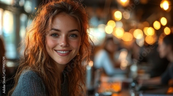 Obraz Happy Smiling Woman Enjoying The Warmth of The Bright Lights