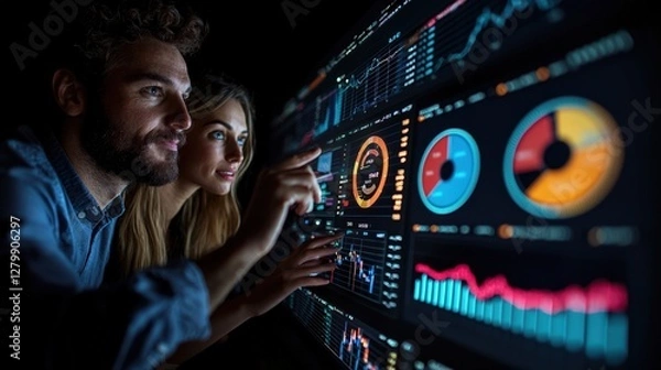 Obraz Data analysts review charts, graphs, dark room, night