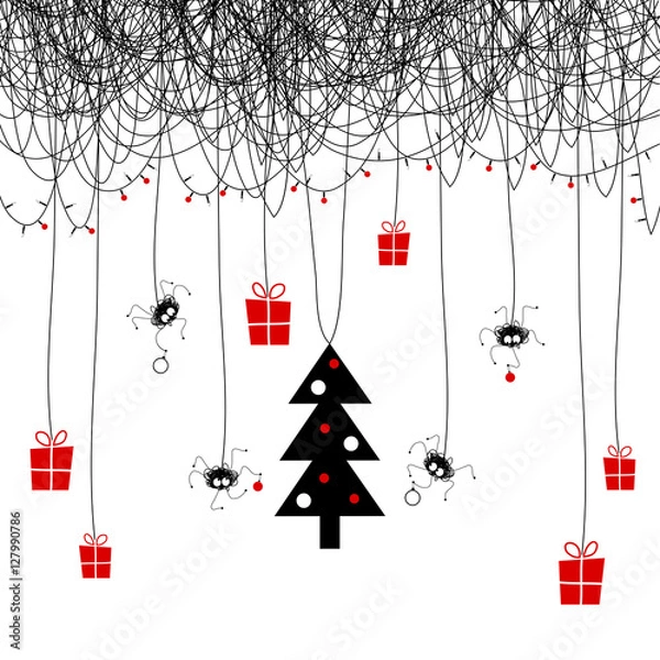 Fototapeta The cover design. Shows four the spider on the web decorating the Christmas tree for the holiday. On the web the garland of candles and red balls. Hanging gift boxes with gifts.