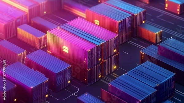 Obraz Neon shipping containers, digital logistics, network, data flow