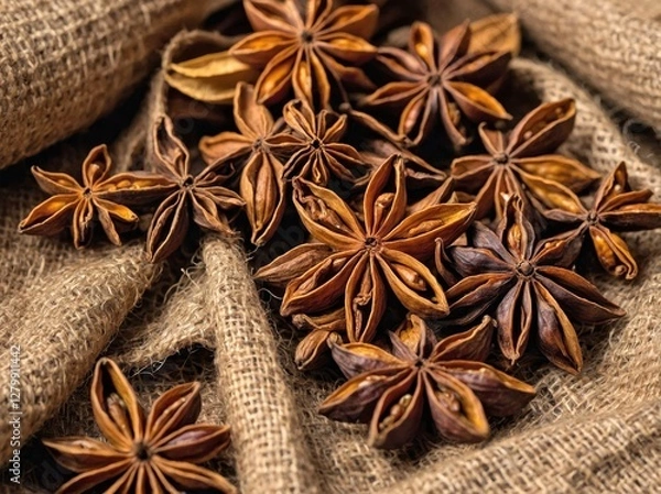 Fototapeta A pile of star anise resting on a natural burlap fabric.