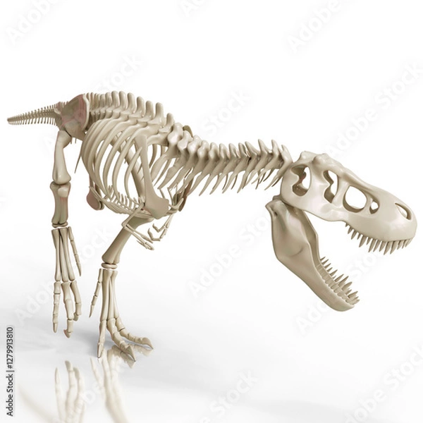 Fototapeta 	3D-rendered Tyrannosaurus Rex skeleton with detailed bone structure. Perfect for educational content, museum exhibits, and prehistoric-themed artwork. Ideal for science and history enthusiasts.