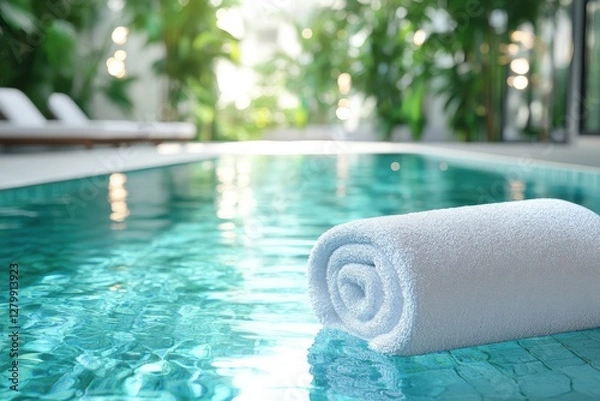 Fototapeta swimming pool, luxury resort, rolled white towel, poolside, turquoise water, palm plants, minimalist, tranquil atmosphere, sunlit, clean