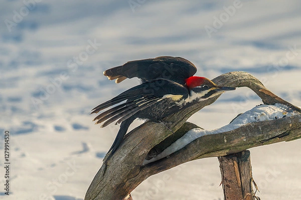 Fototapeta Pileated Woodpecker in snow