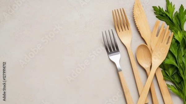 Obraz Various Wooden Kitchen Utensils and Fresh Green Parsley on Table