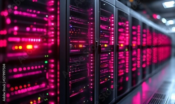 Fototapeta Server racks glowing pink in data center