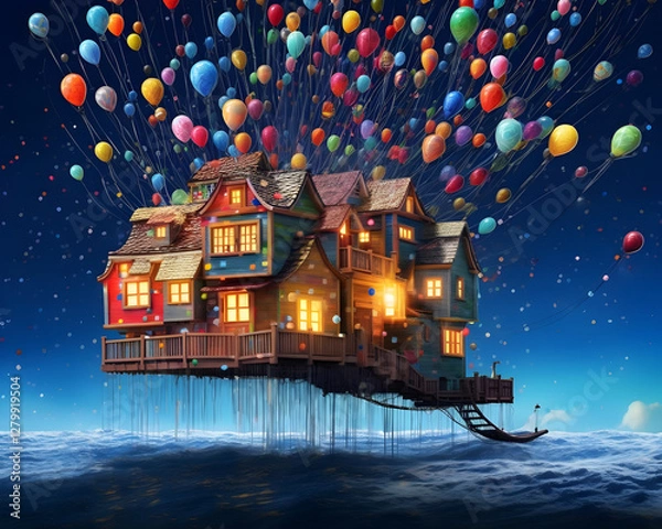 Fototapeta Bunte Luftballons lassen ein schwebendes Haus in den Himmel steigen