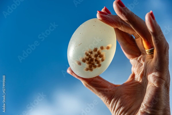 Fototapeta A woman's hand holding an ovicapsule with embryos of the black snail Pachycymbiola brasiliana, found on the sand, among red algae, after a summer storm. It was immediately returned to the sea.