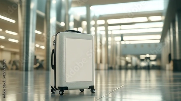 Fototapeta Pink Suitcase in Modern Airport Terminal with Large Glass Windows


