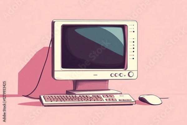 Fototapeta Retro beige computer with keyboard and mouse on pink background. Illustrates nostalgic computing, ideal for retro tech, 80s, or vintage design projects.