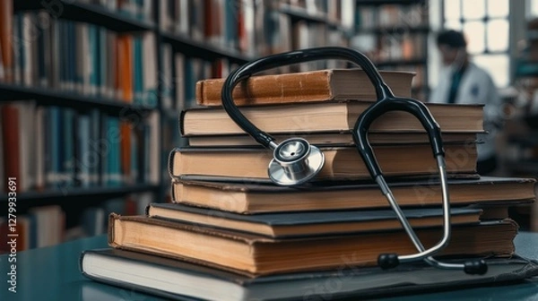 Fototapeta Stethoscope on Stack of Books in a Library Setting with Blurred Background