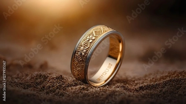 Fototapeta Closeup photograph of a traditional Irish ring with a four leaf clover engraving isolated on a solid background  The ring is a symbol of Irish luck and cultural heritage